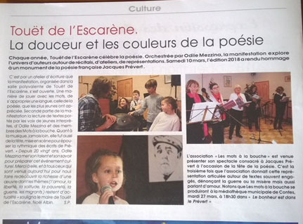 Article du journal "Lettre Paillon" sur la lecture scénique :"Le bonheur des enfants est aussi dans le Prévert"