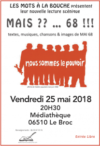 présentation de la lecture scénique Mais !! 68 de l'association les mots àla bouche
