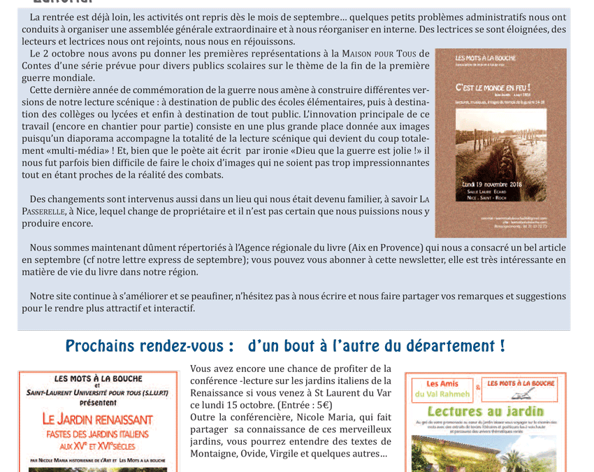 Lettre 43 – Octobre 2018